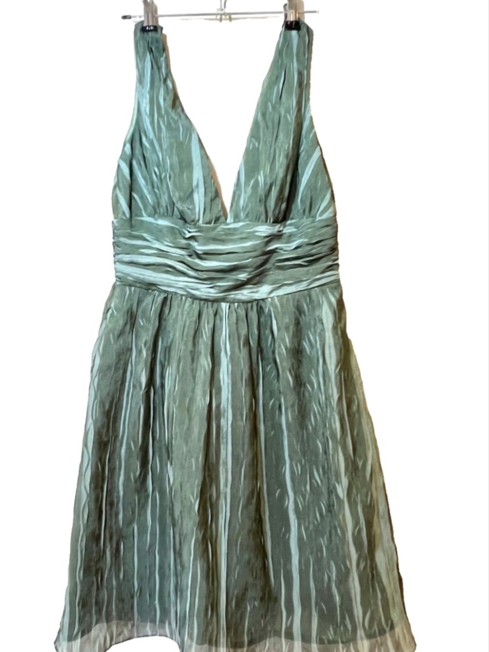 Kay Unger Metallic Sage Green Pleated V-Neck Cocktail Dress Size 6P - Picture 2 of 4